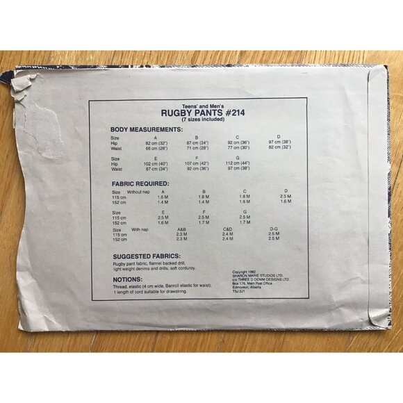 Rugby Pants Pattern Teens and Men’s UNCUT Master Pattern Waist 26 - 38 - Picture 2 of 4